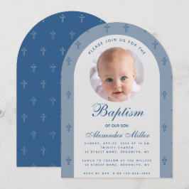 Jongen Baptism Foto Modern Dusty Blue Arch Script Kaart
