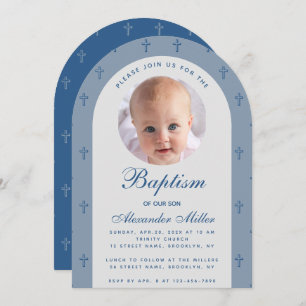 Jongen Baptism Foto Modern Dusty Blue Arch Script Kaart