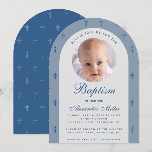 Jongen Baptism Foto Modern Dusty Blue Arch Script Kaart (Voorkant / Achterkant)