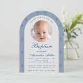 Jongen Baptism Foto Modern Dusty Blue Arch Script Kaart (Staand voorkant)