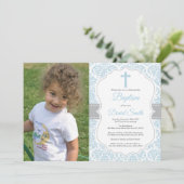 Jongen Baptism Invitation Blue en Grey Damask Kaart (Staand voorkant)