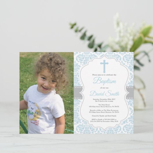 Jongen Baptism Invitation Blue en Grey Damask Kaart (Staand voorkant)