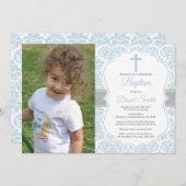 Jongen Baptism Invitation Blue en Grey Damask Kaart (Voorkant / Achterkant)