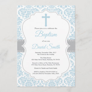 Jongen Baptism Invitation Blue en Grey Damask Kaart