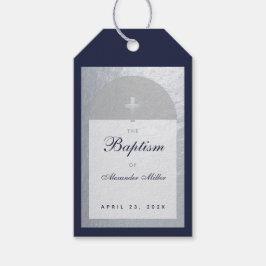Jongen Baptism Navy Blue Script Faux Silver Arch Cadeaulabel