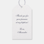 Jongen Baptism Navy Blue Script Faux Silver Arch Cadeaulabel (Achterkant)