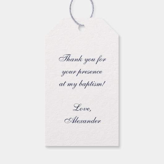 Jongen Baptism Navy Blue Script Faux Silver Arch Cadeaulabel (Achterkant)