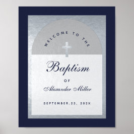 Jongen Baptism Navy Blue Silver Arch Welkomstteken Poster