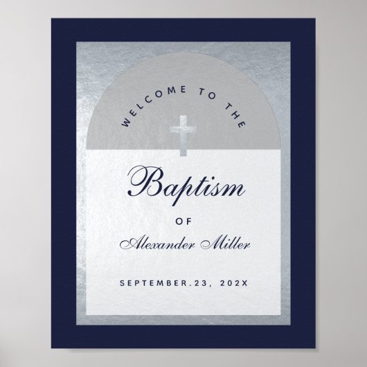 Jongen Baptism Navy Blue Silver Arch Welkomstteken Poster (Voorkant)