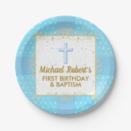 Jongen Baptisme 1e verjaardag Blauwe Goud Tekstpol Papieren Bordje