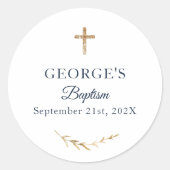 Jongen Baptisme Gepersonaliseerde elegant Ronde Sticker (Voorkant)
