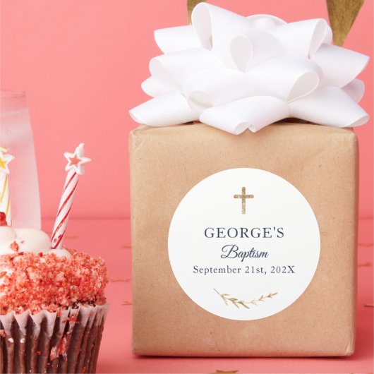 Jongen Baptisme Gepersonaliseerde elegant Ronde Sticker (Feest)