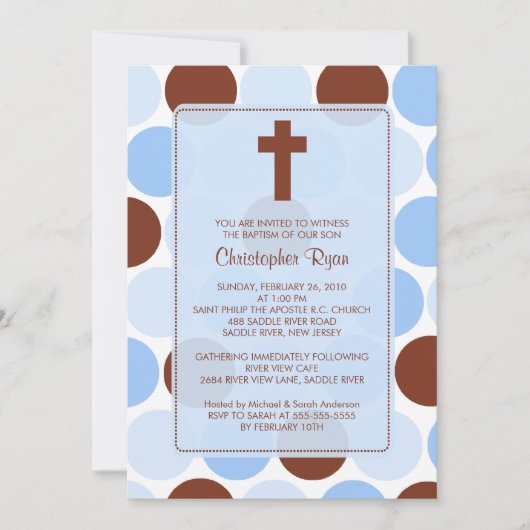 Jongen Baptisme Inname Brown & Blue Polka Dots Kaart (Voorkant)