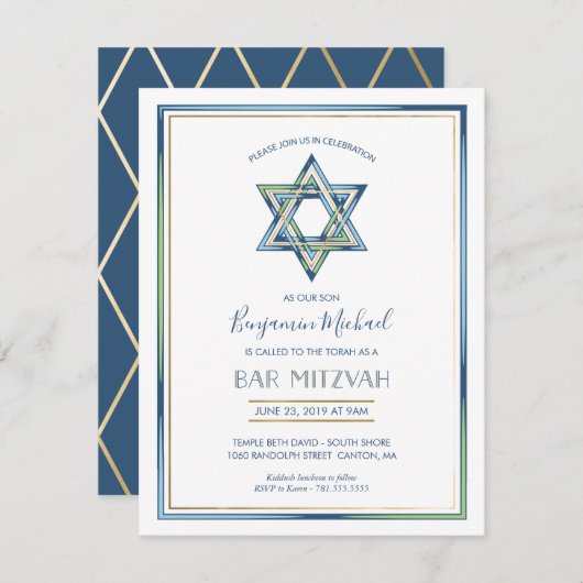 Jongen Bar Mitzvah uitgenodigd; Star of David, Gol Kaart (Voorkant / Achterkant)