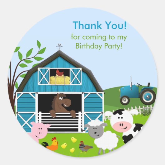 Jongen Barnyard Farm Animals Birthday Party Sticke Ronde Sticker (Voorkant)