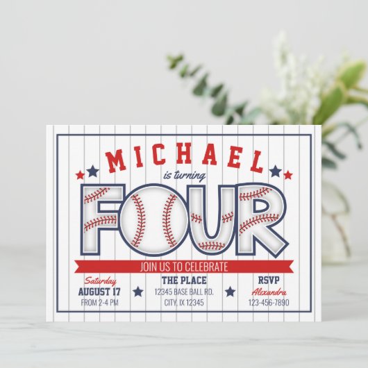 Jongen Baseball 4e verjaardag Uitnodiging (Staand voorkant)