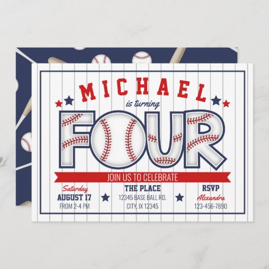 Jongen Baseball 4e verjaardag Uitnodiging (Voorkant / Achterkant)
