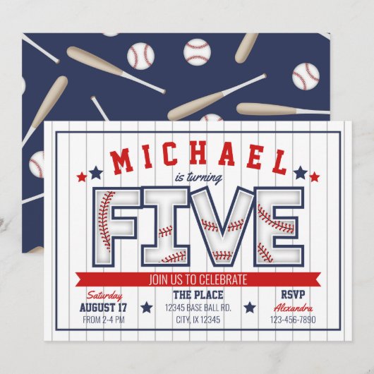 Jongen Baseball Uitnodiging 5e verjaardag (Voorkant / Achterkant)
