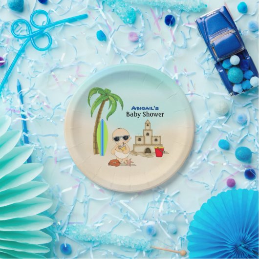 Jongen Beach Baby Sandcastle in SurfboardBaby show Papieren Bordje (Feest)