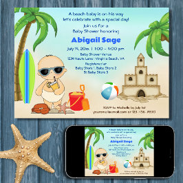 Jongen Beach Baby Sandcastle, SurfboardBaby shower Kaart