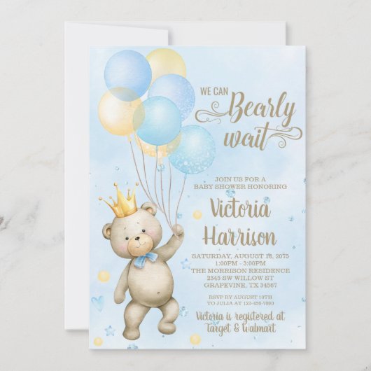 Jongen Beer Baby Shower Uitnodiging (Voorkant)