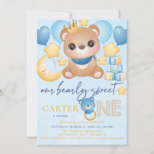 Jongen Beer Blue First Birthday Invitation Kaart (Voorkant)