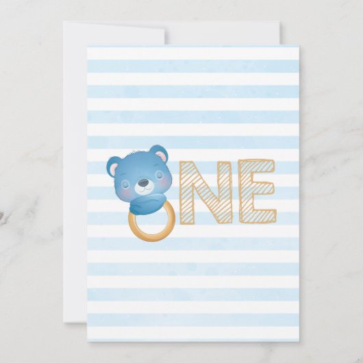 Jongen Beer Blue First Birthday Invitation Kaart (Achterkant)
