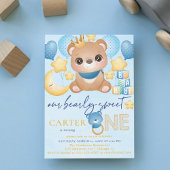 Jongen Beer Blue First Birthday Invitation Kaart