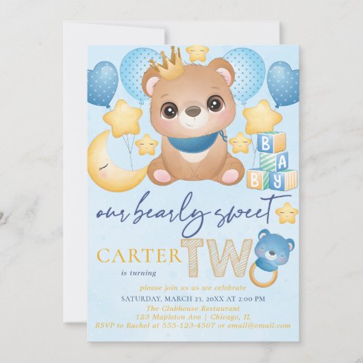 Jongen Beer Blue Second Birthday Kaart (Voorkant)