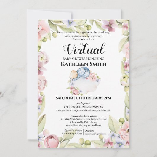 Jongen Beer Elegant Floral Greenery Virtual Shower Kaart (Voorkant)