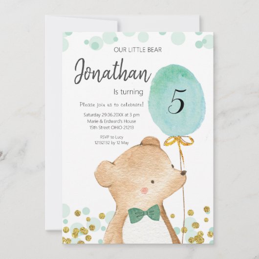 Jongen beer en ballon verjaardagsuitnodiging kaart (Voorkant)