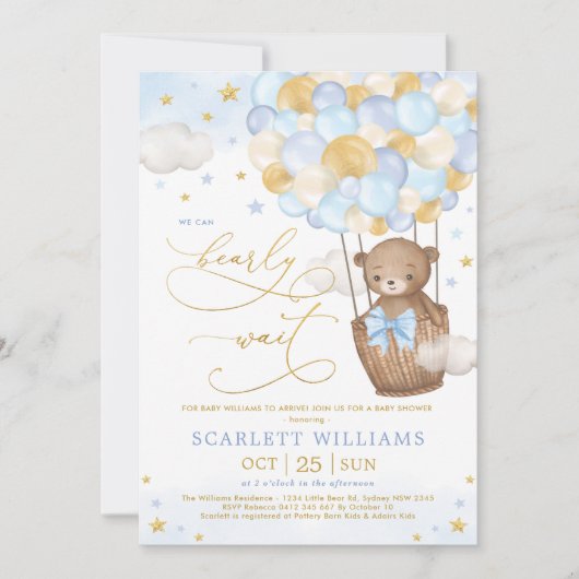 Jongen Beer Hot Air Ballon Blue Gold Sky Baby show Kaart (Voorkant)