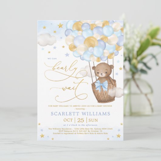 Jongen Beer Hot Air Ballon Blue Gold Sky Baby show Kaart (Staand voorkant)