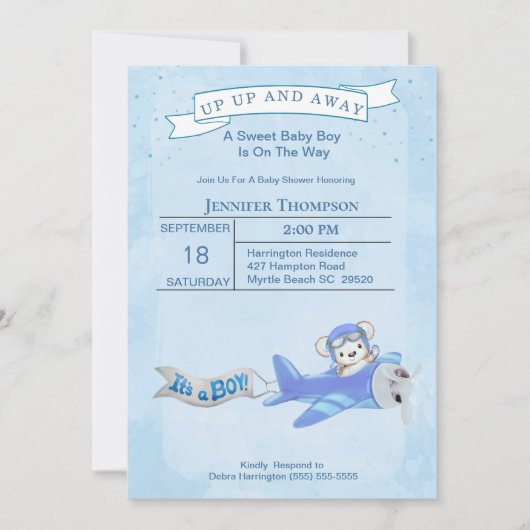 Jongen Beer Pilot Airplane Baby shower Invitation Kaart (Voorkant)