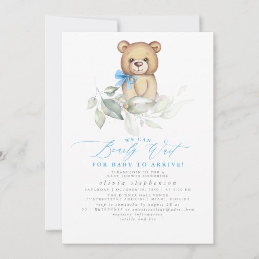 Jongen Beer Waterverf Greenery Baby shower Kaart (Voorkant)