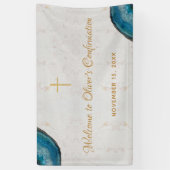 Jongen Bevestiging Blauwe Geode Script Marmer Welk Spandoek (Verticaal)
