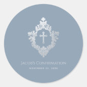 Jongen bevestiging Dusty Blue Religious Cross Cres Ronde Sticker (Voorkant)