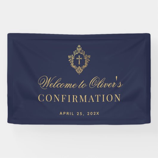 Jongen Bevestiging Elegante Marine Blauw Faux Gold Spandoek (Horizontaal)