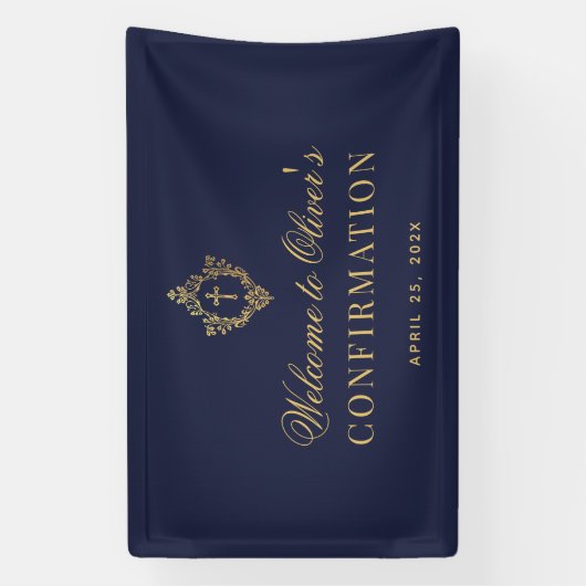 Jongen Bevestiging Elegante Marine Blauw Faux Gold Spandoek (Verticaal)