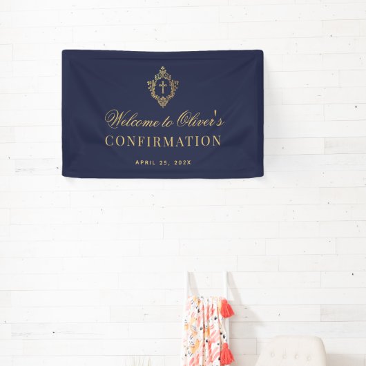 Jongen Bevestiging Elegante Marine Blauw Faux Gold Spandoek (Insitu)