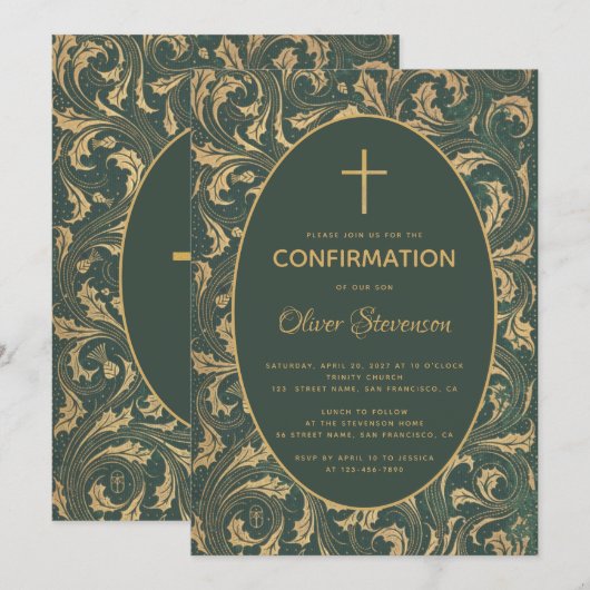 Jongen bevestiging Gouden Distel Kruis Elegant Gro Kaart (Voorkant / Achterkant)