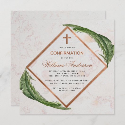 Jongen Bevestiging Greenery Copper Fern Cross Marb Kaart (Voorkant / Achterkant)