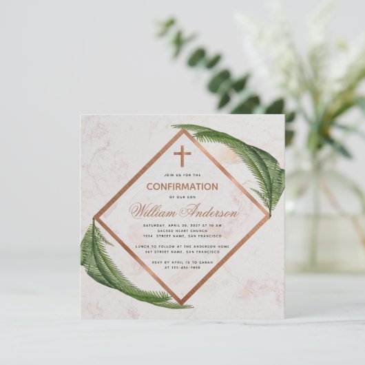 Jongen Bevestiging Greenery Copper Fern Cross Marb Kaart (Staand voorkant)