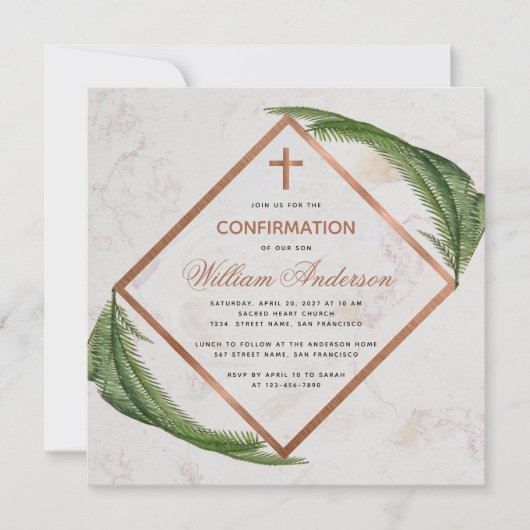 Jongen Bevestiging Greenery Copper Fern Cross Marb Kaart (Voorkant)