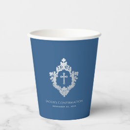 Jongen Bevestiging Klassiek Blauw Kruis Wapen Vint Papieren Bekers