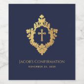 Jongen bevestiging Navy Blue Faux Gold Crest  Wijn Etiket (Enkel label)