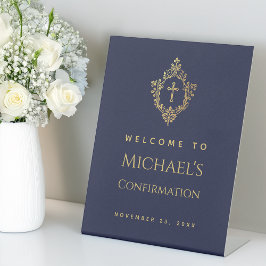 Jongen Bevestiging Navy Blue Faux Gold Cross & Cre Reclamebord Met Voetstuk