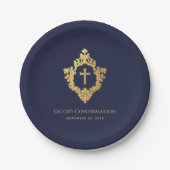Jongen bevestiging Navy Blue Faux Gold Cross Crest Papieren Bordje (Voorkant)