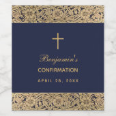 Jongen Bevestiging Navy Blue Gold Rozen  Wijn Etiket (Enkel label)