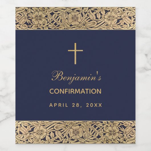 Jongen Bevestiging Navy Blue Gold Rozen  Wijn Etiket (Enkel label)